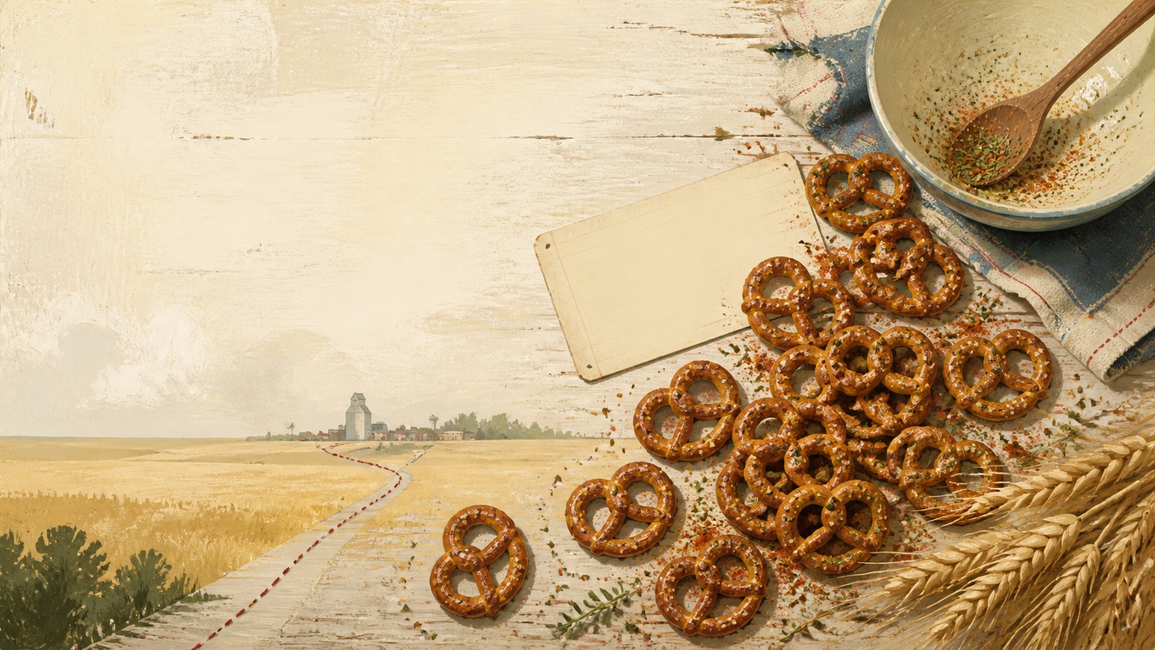 Editorial illustration of unbranded seasoned pretzels beside a road leading toward a North Dakota prairie town.