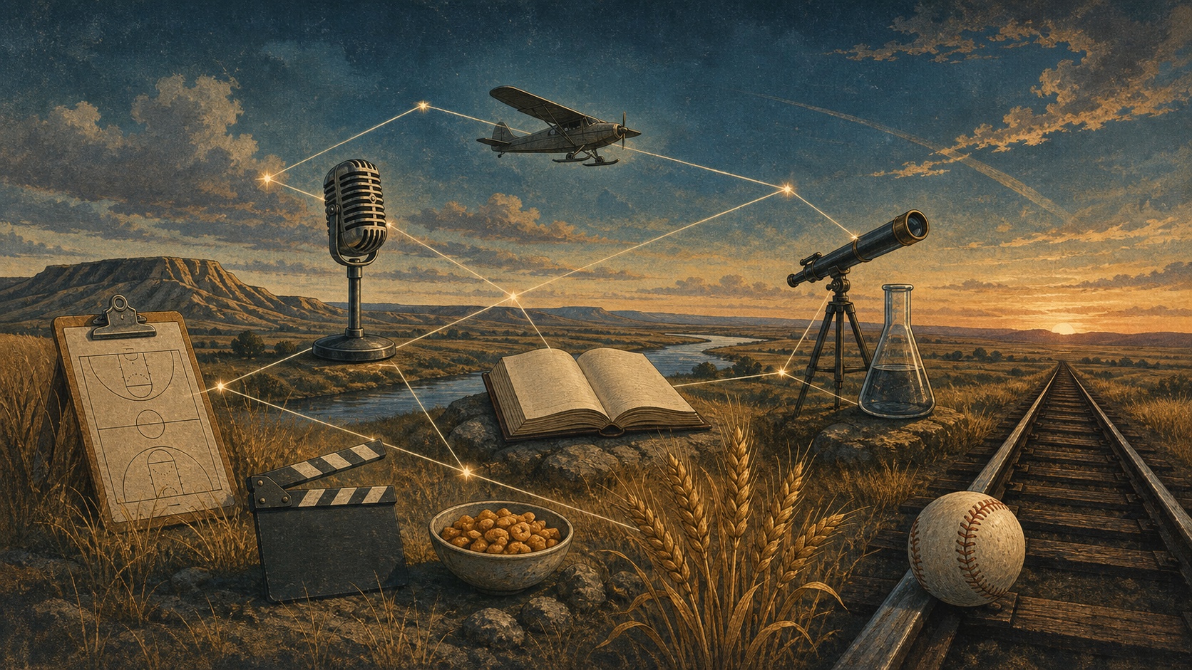 An illustrated North Dakota prairie connects symbols for music, sports, aviation, science, film, and writing.