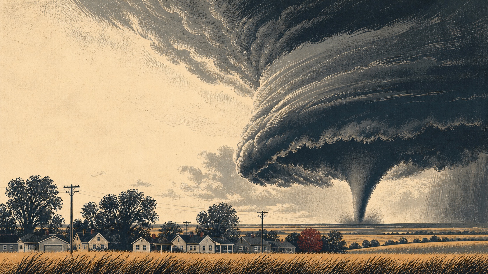 Editorial illustration of a rotating storm beyond a 1950s prairie neighborhood.