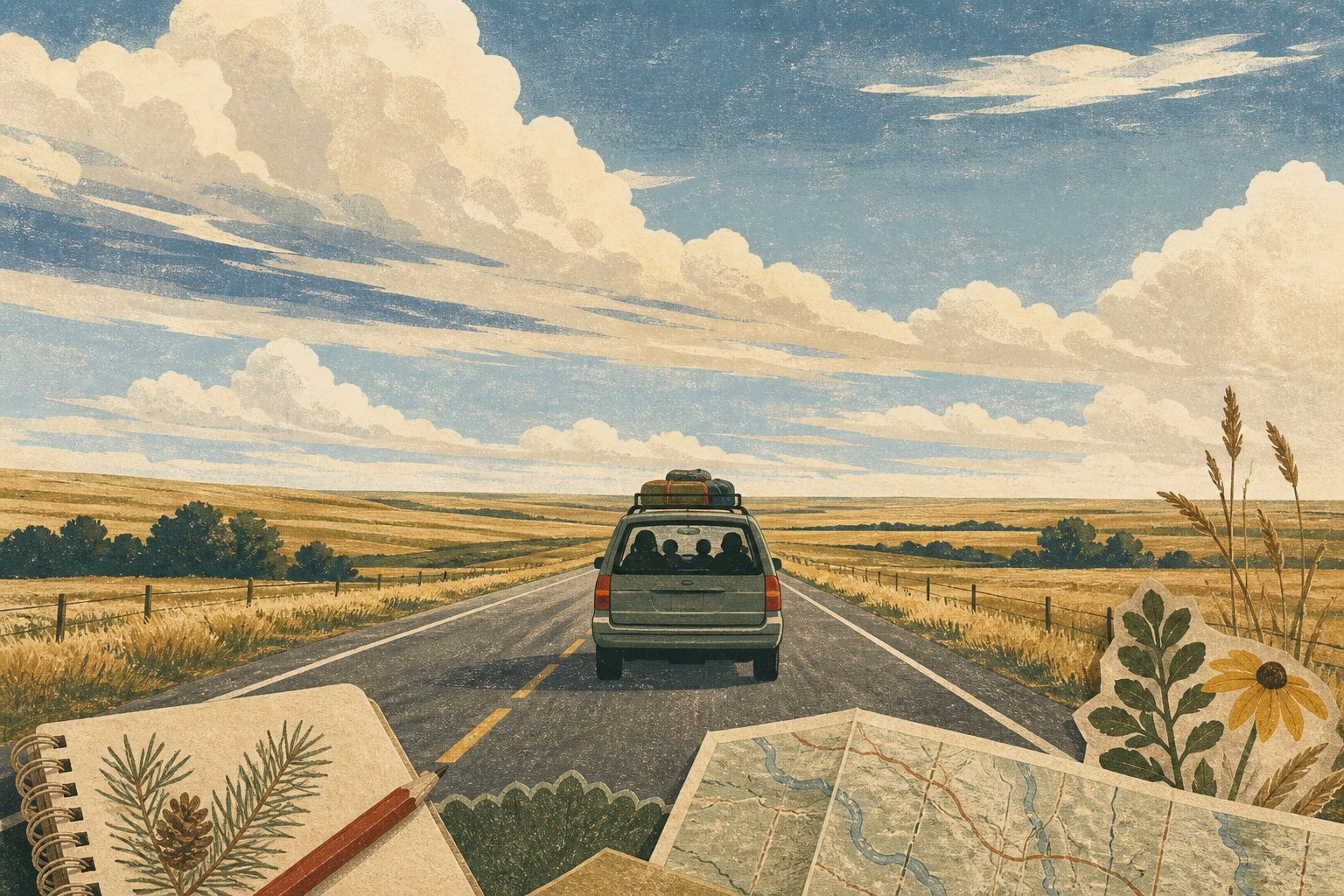 AI-generated editorial illustration of a family car driving west across the North Dakota prairie beneath a broad sky.