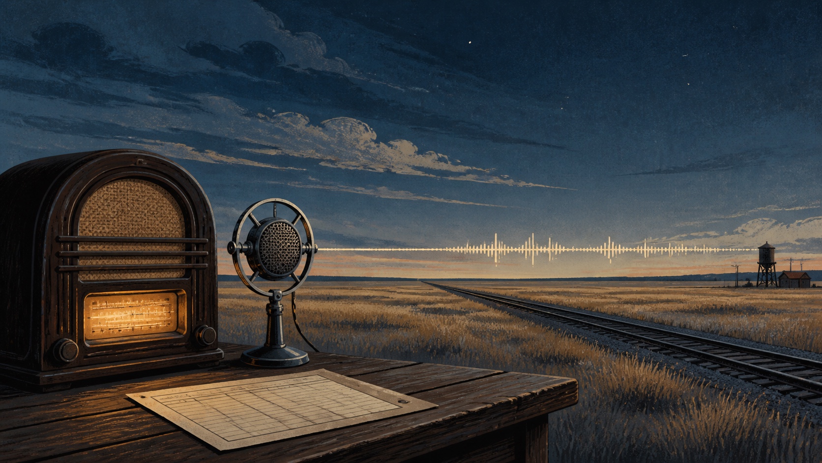 Editorial illustration of a 1930s radio and microphone beside a prairie rail line becoming an audio waveform.