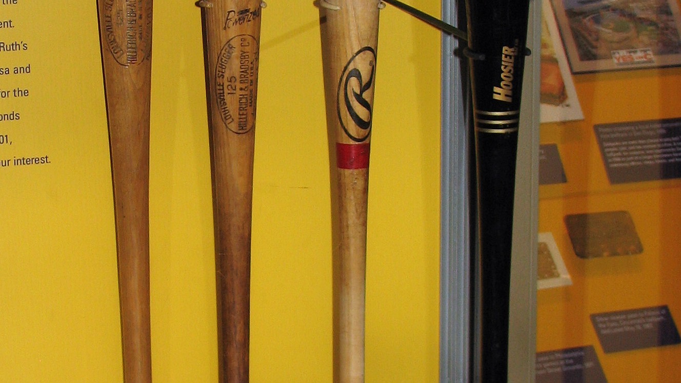 Four historic home-run bats on display, including Roger Maris's 61st-home-run bat.