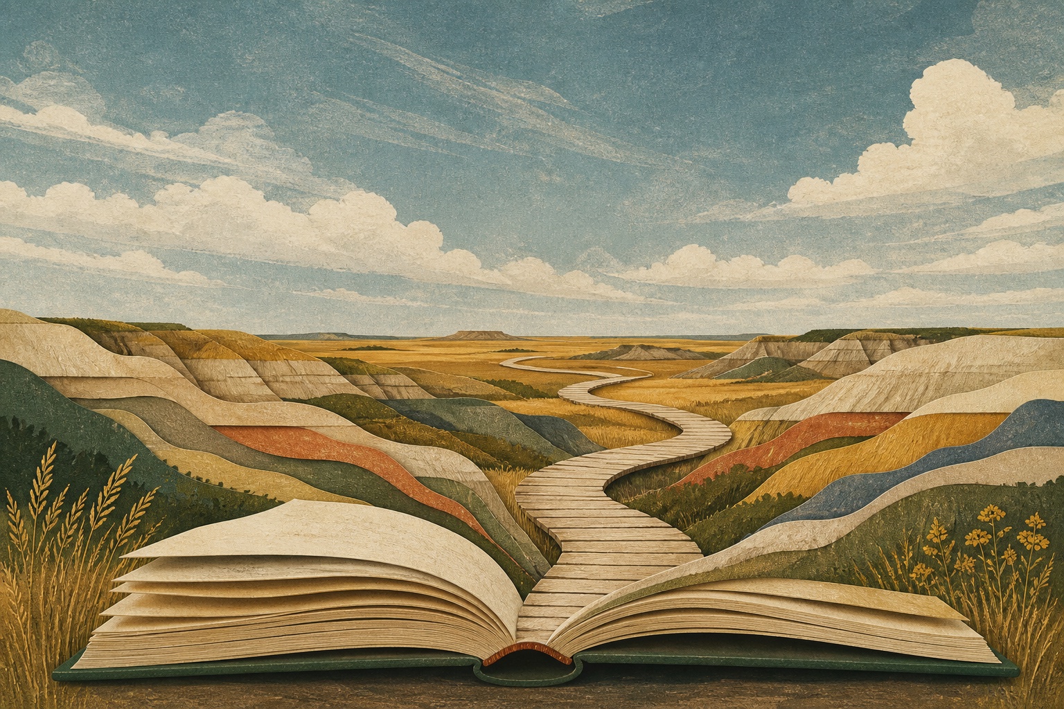 Editorial illustration of an open book whose pages become North Dakota Badlands and a winding boardwalk.